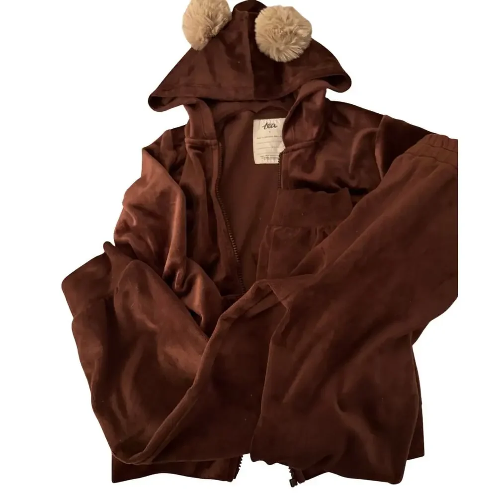 Tea collection brown velour zip hoodie and pants outfit size 7